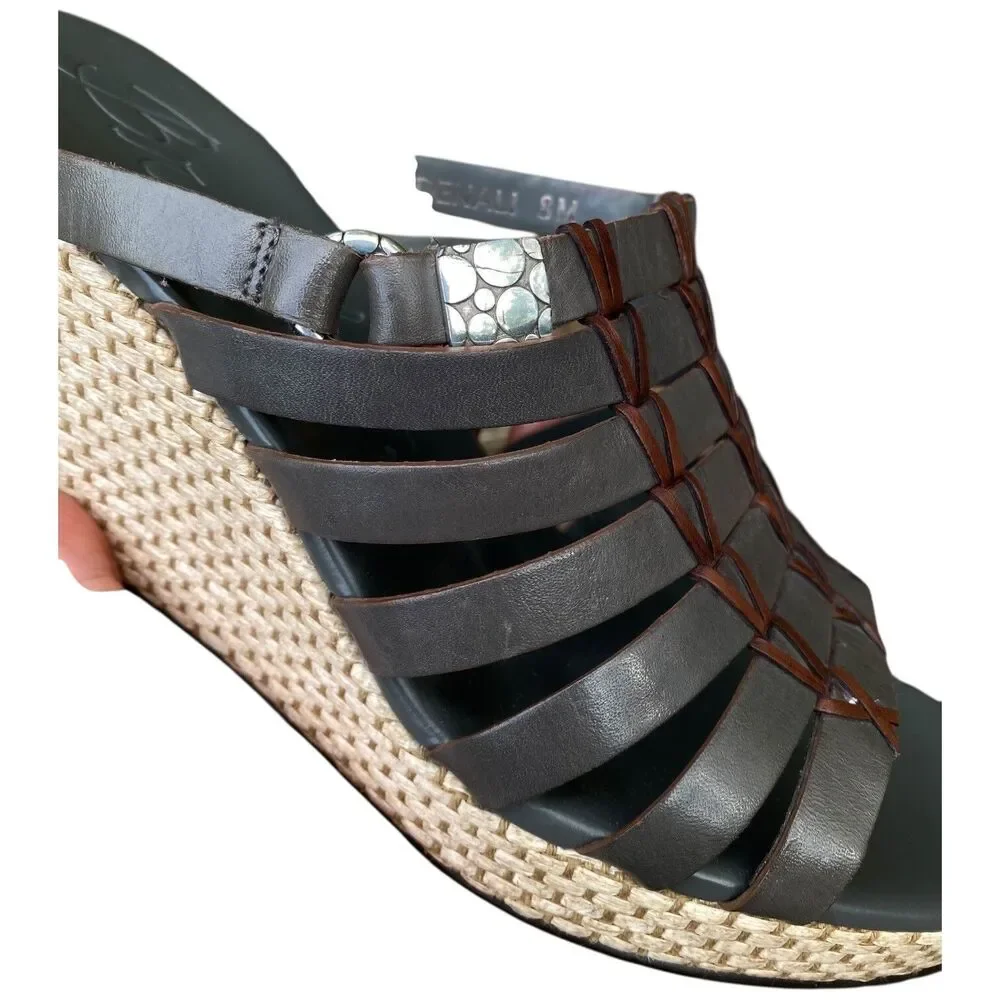 Brighton Denali Wedge Slide Sandal Women’s Size 8 Gray Brown Strappy Leather